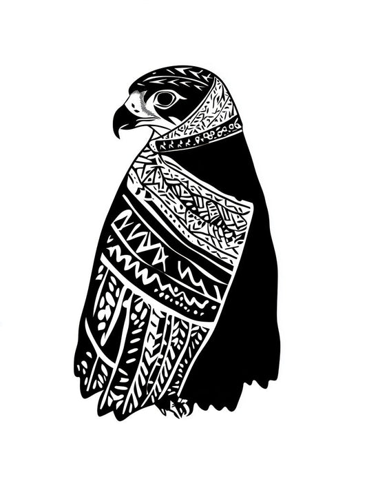 A detailed black and white illustration of a falcon adorned with tribal patterns, symbolizing strength and cultural significance.