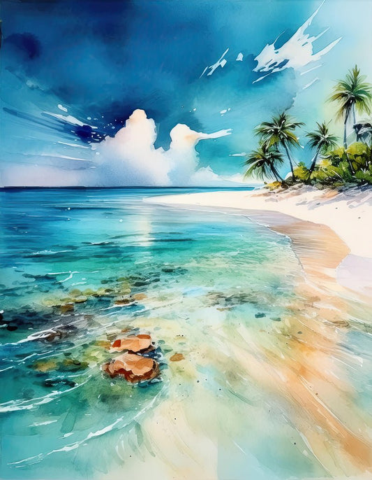 The "Tropical Beach" watercolor painting by FN Prints beautifully captures island tranquility. Crystal-clear turquoise waves gently lap onto the sandy shore, while palm trees dot the tropical beach. Fluffy white clouds float in the bright blue sky, creating a tranquil and serene paradise.