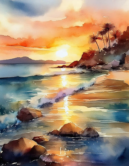 The FN Prints artwork titled "Tropical Beach Sunset" vividly captures a serene tropical beach sunset. Gentle waves lap against the rocky shore, reflecting the golden and orange hues of the setting sun. The sky features a harmonious blend of warm and cool tones, with silhouettes of palm trees adorning the landscape and exuding tropical charm.