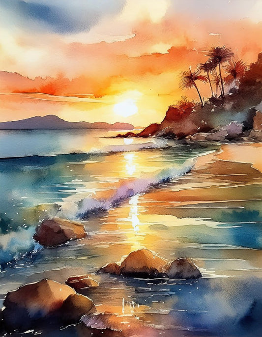 The FN Prints artwork titled "Tropical Beach Sunset" vividly captures a serene tropical beach sunset. Gentle waves lap against the rocky shore, reflecting the golden and orange hues of the setting sun. The sky features a harmonious blend of warm and cool tones, with silhouettes of palm trees adorning the landscape and exuding tropical charm.