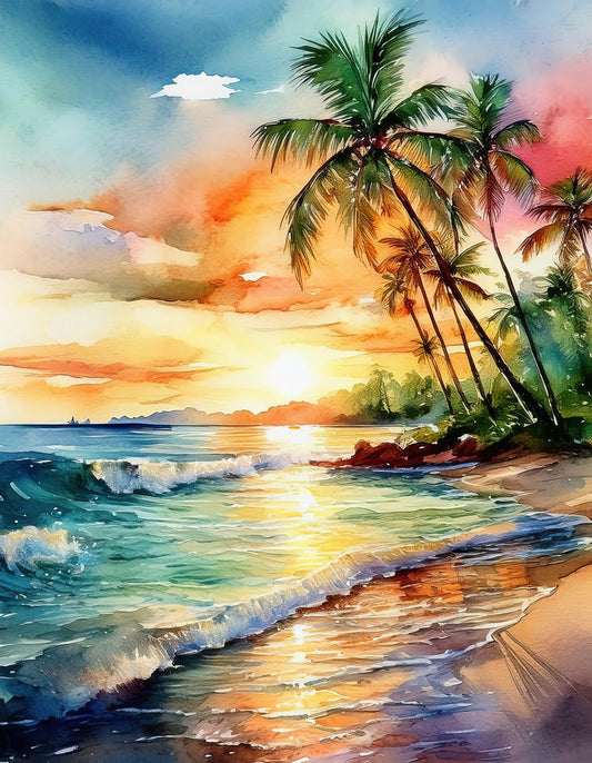 FN Prints presents "Tropical Shoreline Sunset," a vibrant watercolor painting capturing the essence of a tropical beach at sunset. Palm trees beautifully line the shore while gentle waves lap at the sand, and the sky is adorned with warm oranges, pinks, and blues. The sunlight reflecting off the water completes this stunning depiction of tropical charm.