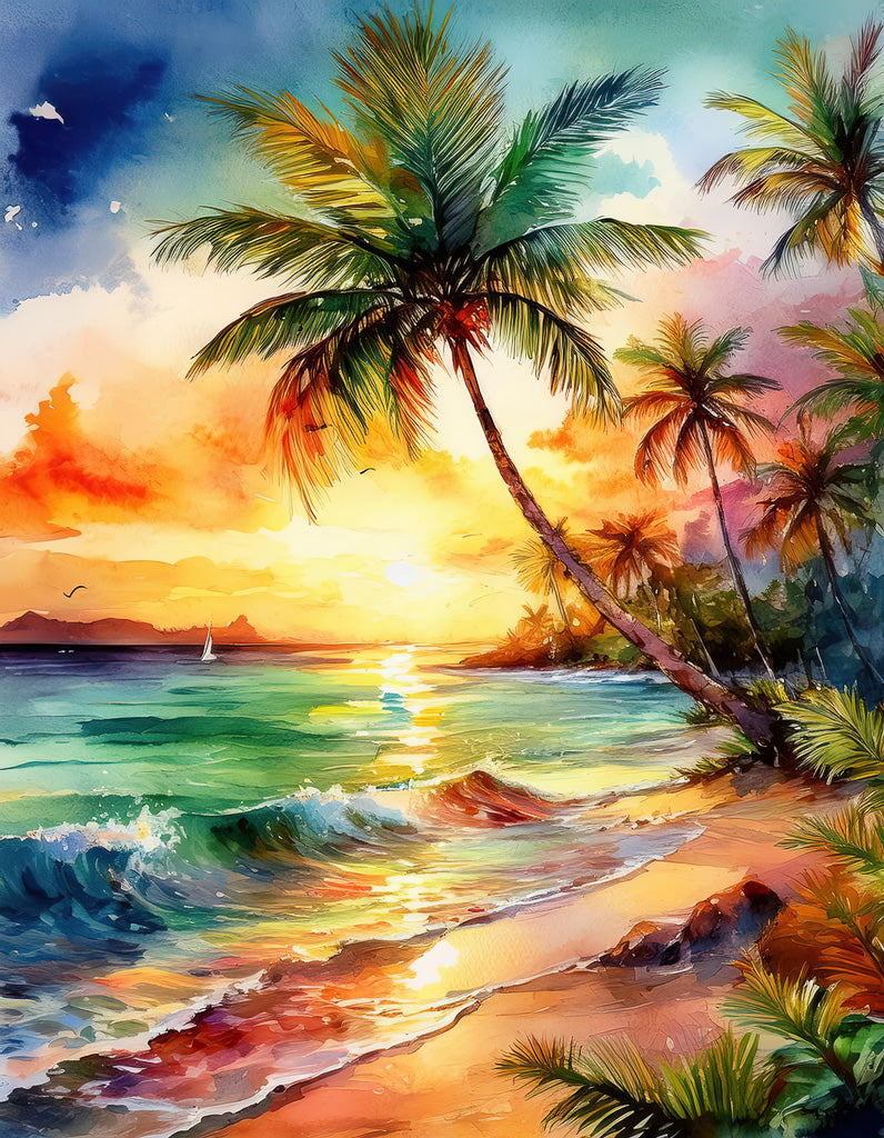 FN Prints presents "Secret Tropical Beach," a vibrant digital watercolor painting that encapsulates the tranquility of a tropical beach at sunset. Tall palm trees line the shore, their fronds swaying gently in the breeze. The sun sets over the horizon, casting a warm glow on the waves and sandy beach. Seagulls soar through the colorful sky as a sailboat drifts peacefully on the ocean.