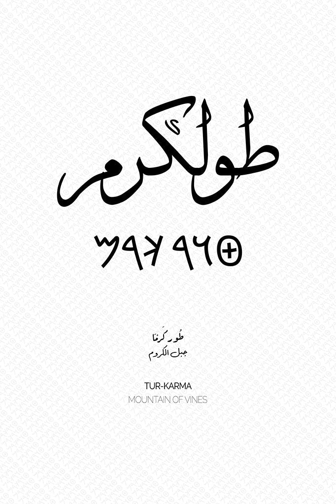 Minimalist art print of Tulkarm (طولكرم), Palestine (فلسطين) in black Arabic calligraphy on a textured white background. Includes ancient Canaanite script and the translation 'Mountain of Vines' in English and Arabic (جبل الكروم).