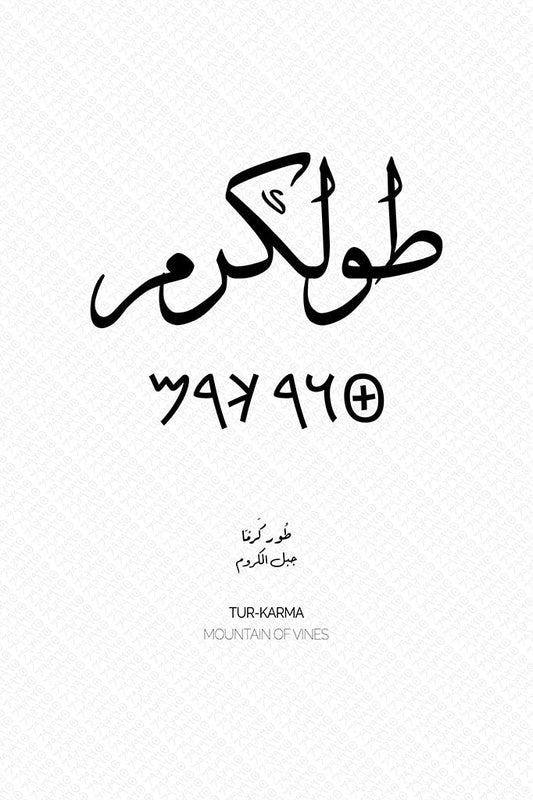Minimalist art print of Tulkarm (طولكرم), Palestine (فلسطين) in black Arabic calligraphy on a textured white background. Includes ancient Canaanite script and the translation 'Mountain of Vines' in English and Arabic (جبل الكروم).