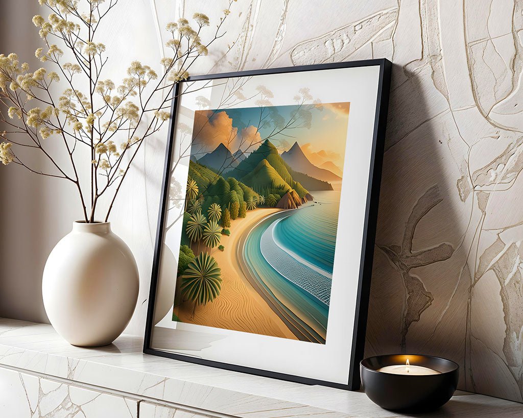 A framed digital art piece called "Turquoise Waters" by FN Prints rests on a white shelf, showcasing a coastline with lush greenery and mountains. The scene's depth is enriched by the turquoise waters. Accompanying it, a white vase with dried flowers and a lit candle in a black holder amplify the coastal-themed decor.