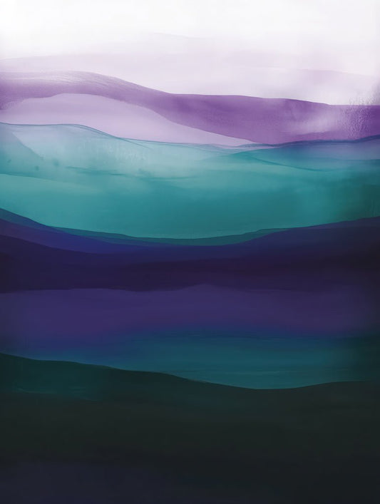 Layered abstract artwork in teal, green, and purple with a watercolor effect