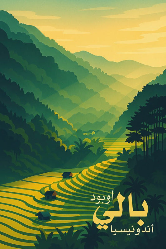 Poster illustration of Ubud rice terraces in Bali, Indonesia, with layered green hills and soft yellow light.