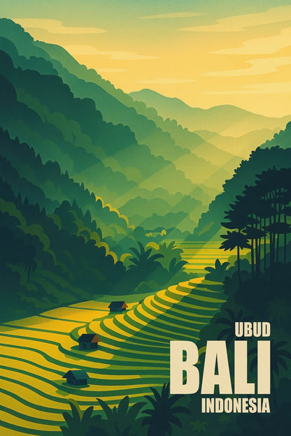 Poster illustration of Ubud rice terraces in Bali, Indonesia, with layered green hills and soft yellow light.