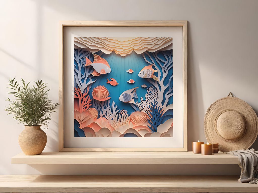 Under The Sea," a framed artwork by FN Prints, displays a vibrant underwater scene featuring colorful paper fold fishes and lively coral. This layered paper-cut style piece adds depth to your decor and looks stunning when placed on a wooden shelf next to a small plant, candles, and a straw hat.