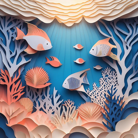 Under The Sea by FN Prints captures a vibrant underwater scene created with paper art techniques. It features various stylized fish swimming among intricately designed coral reefs and sea plants. The sunlight filters down from the surface, casting a warm glow over the colorful marine life, enhanced by a subtle paper fold effect.