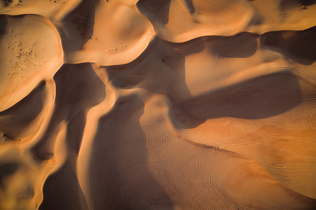 Aerial view of the desert landscape in the UAE, captured in "Dune Part II Colour" by FN Prints, showcasing expansive sand dunes with smooth, flowing shapes and shadows. Faintly visible tire tracks create abstract patterns across the warm, golden-brown sands.