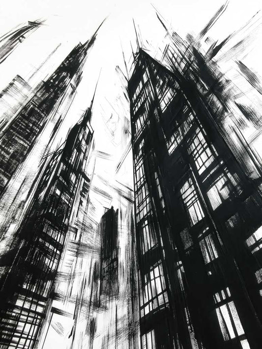 Introducing "Urban Ascent" by FN Prints: This striking black and white piece of art beautifully captures the essence of the urban landscape, showcasing towering, sharp-edged skyscrapers set against a pristine white backdrop. With a dynamic, sketch-like texture, the buildings converge towards their peak, offering a dramatic upward perspective on this modern cityscape.