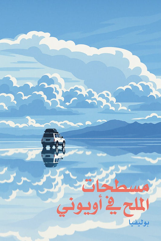 Illustrated scene of Uyuni Salt Flats (مستطحات الملح في أويوني) in Bolivia, with a car driving across a reflective salt surface under blue skies and clouds.