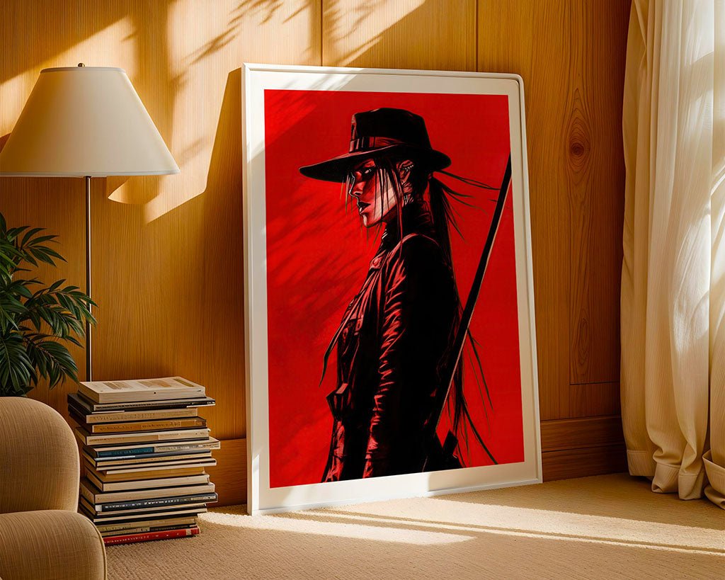 The "Vampire Huntress" framed painting by FN Prints leans against a wooden wall, illuminating the graphic novel art's vivid style. It depicts a person in a wide-brimmed hat and long coat on a red background. A lamp, stack of books, and plant nearby complete this captivating scene.