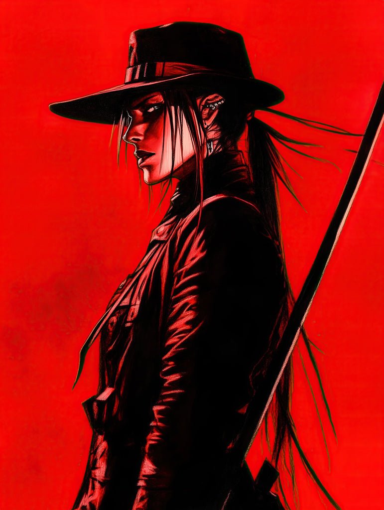 FN Prints' "Vampire Huntress" depicts a long-haired huntress in dark attire with a wide-brimmed hat, holding a sword. The intense, dramatic mood of the comic book-style art is enhanced by the vivid red background.