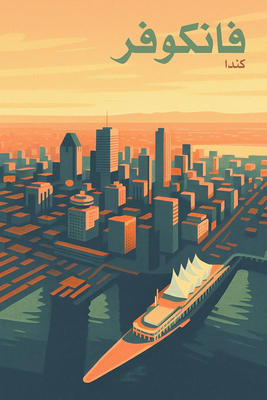 Illustration of Vancouver’s (فانكوفر) skyline at sunset, featuring Canada Place and high-rise buildings along the harbor.