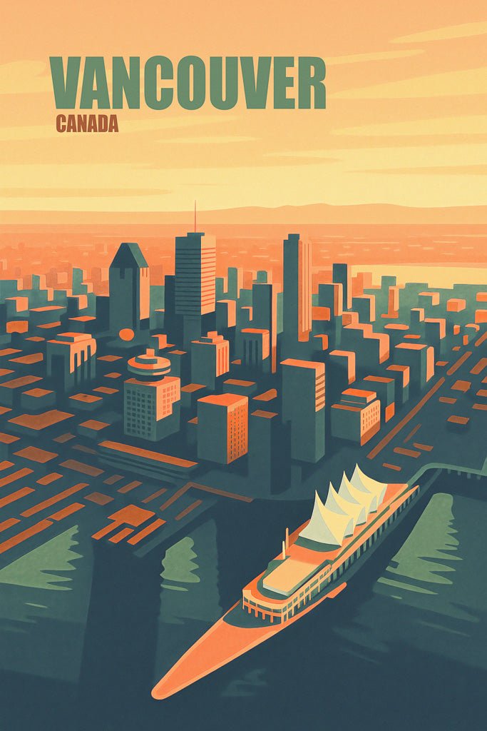 Illustration of Vancouver’s (فانكوفر) skyline at sunset, featuring Canada Place and high-rise buildings along the harbor.