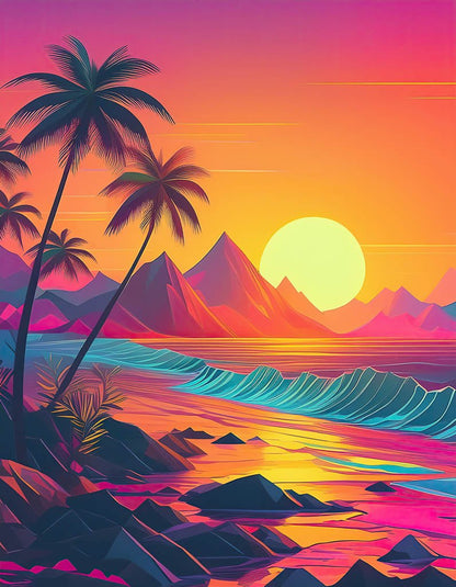 The FN Prints "Vaporwave Sunset" is a vibrant digital artwork capturing a stylized sunset over a tropical beach, infused with vaporwave aesthetics. Palm trees frame the scene against mountainous silhouettes, while the sun casts colorful reflections on the ocean waves below, exuding retro-modern charm.