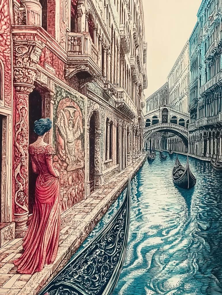 In FN Prints' "Venetian Romance," a woman in a red dress stands by a canal, enjoying the view of a mural on a building wall. Gondolas float nearby, with ornate buildings and a stone bridge arching over the water, capturing the essence of Venice in this digital sketch.