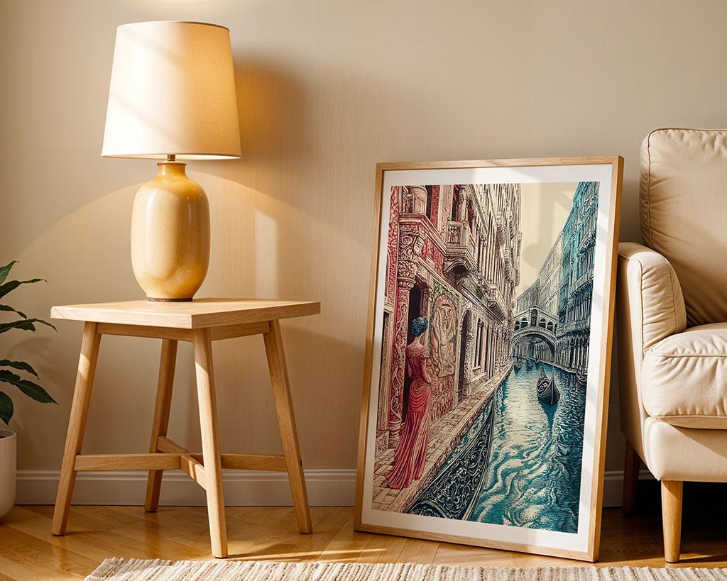 The FN Prints "Venetian Romance" artwork leans gracefully against a wall beside a wooden side table with a beige lamp. A plant peeks from the corner, while a light sofa nearby offers comfort, capturing Venice, Italy's charm.