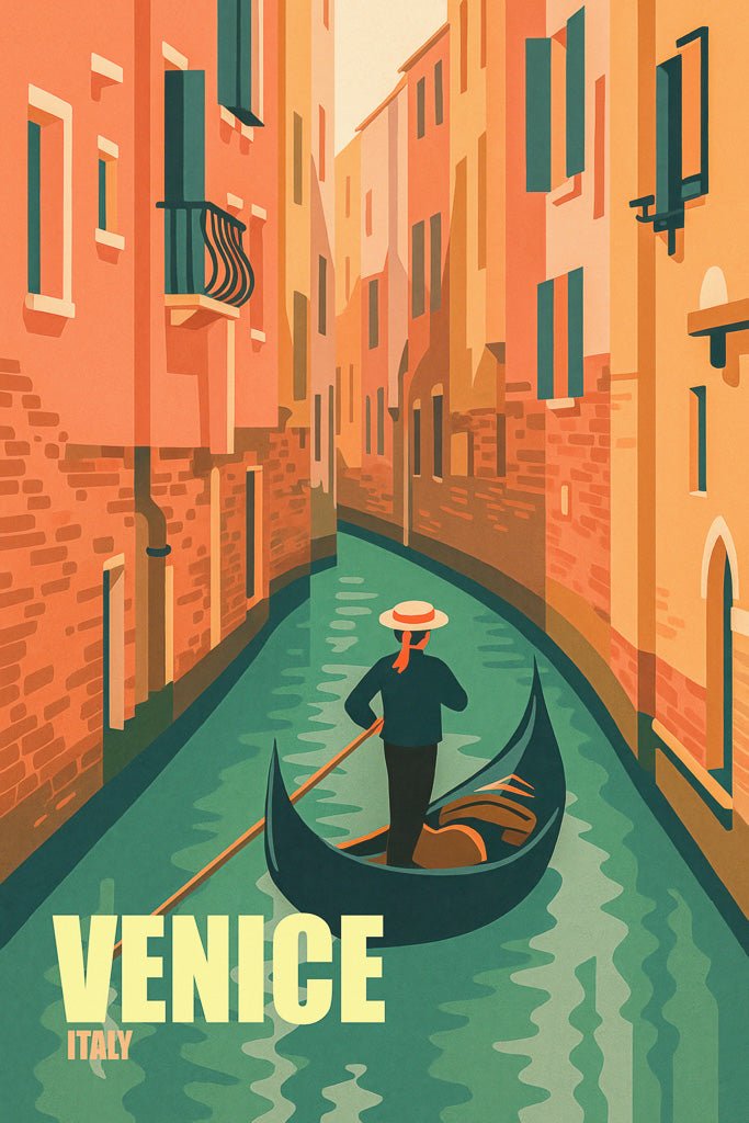 Illustration of a gondolier on a Venice (البندقية) canal, surrounded by pastel buildings with open shutters.