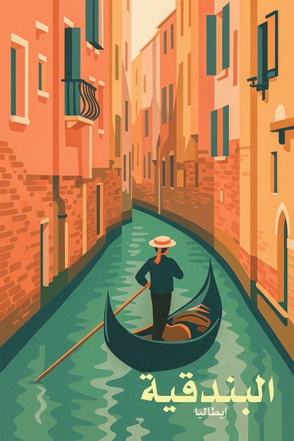 Illustration of a gondolier on a Venice (البندقية) canal, surrounded by pastel buildings with open shutters.
