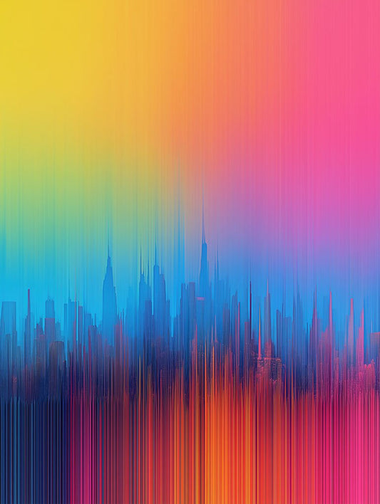 Colorful gradient with abstract cityscape silhouette