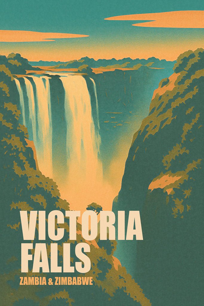 Illustrated print of Victoria Falls (شلالات فيكتوريا) between Zambia and Zimbabwe, with water pouring over lush cliffs under golden skies.