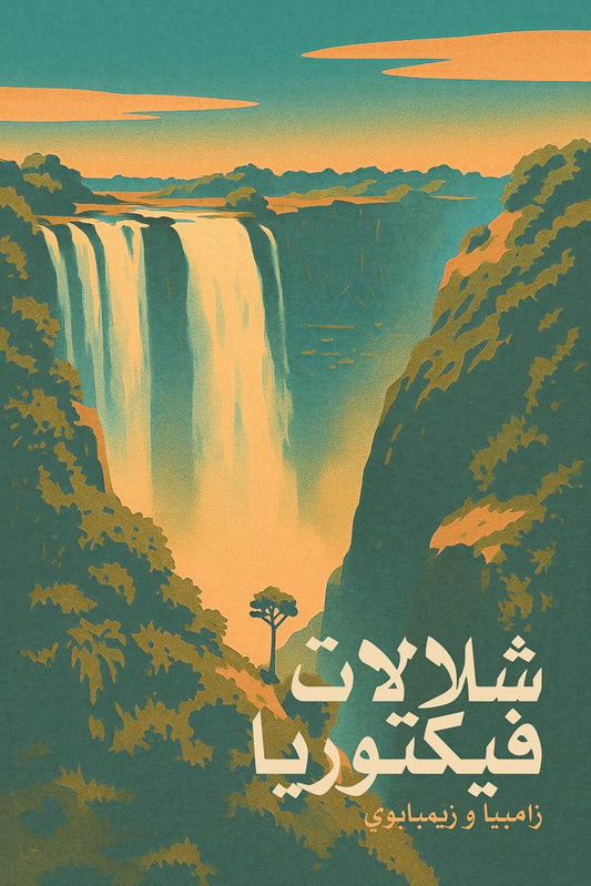 Illustrated print of Victoria Falls (شلالات فيكتوريا) between Zambia and Zimbabwe, with water pouring over lush cliffs under golden skies.
