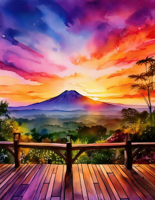 A vibrant watercolor painting titled "Sunrise over Mount Agung" by FN Prints captures a Balinese sunrise viewed from a wooden deck. The sky is filled with dramatic hues of pink, orange, purple, and yellow, casting a warm glow over the lush greenery and trees in the foreground. Ideal for museum-quality posters.