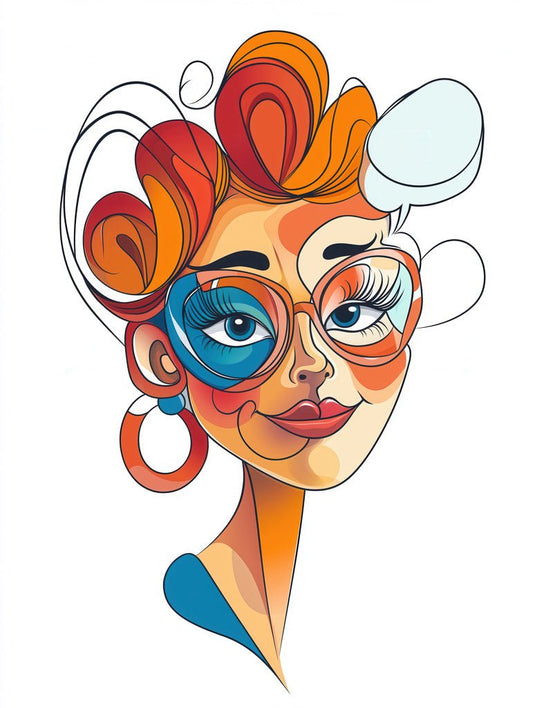 Introducing "Vivid Vision" by FN Prints: a vibrant, modern abstract portrait showcasing a woman with stylized, swirling orange and red hair. She adorns oversized glasses and hoop earrings, while bold lines and colorful shapes enhance the line art drawing to create a whimsical and expressive look.