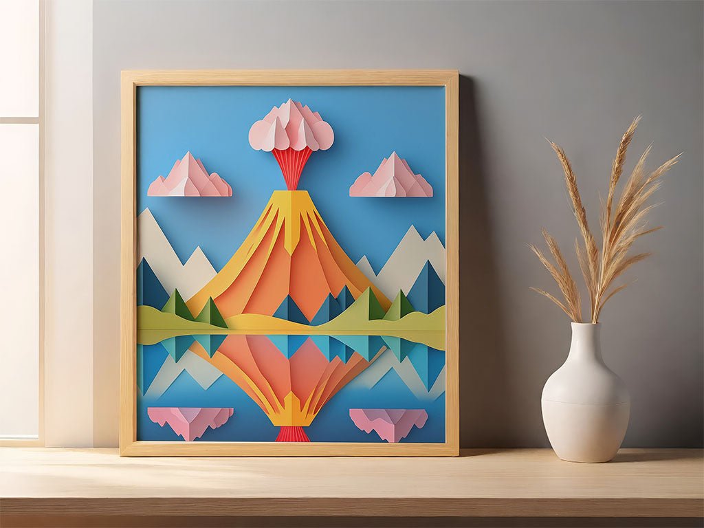 The "Vivid Volcano" by FN Prints beautifully captures a colorful, geometric volcano scene with vibrant colors. Erupting lava and clouds stand out against the blue background, while a vase of dried grasses complements the composition on the wooden surface.