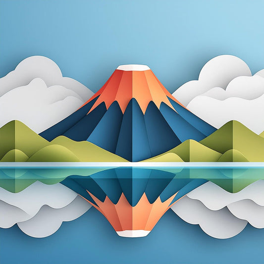 A stylized illustration named "Volcano Reflections" by FN Prints depicts a mountain with an orange and blue peak, surrounded by green hills and white clouds. The tranquil scene features a folded paper effect that adds texture to the calm body of water below, creating a symmetrical and serene composition.