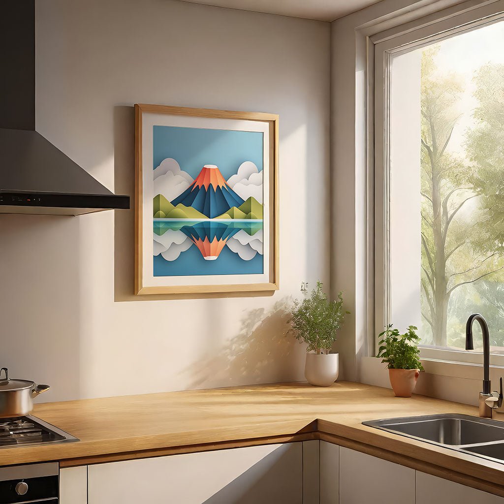 In a sunlit kitchen corner, a framed digital art piece titled "Volcano Reflections" by FN Prints showcases a stunning mountain scene with a lake reflection. A small potted plant sits on the wooden countertop beside a modern sink and faucet. Through the window, trees and a sunny sky offer nature's own artwork.