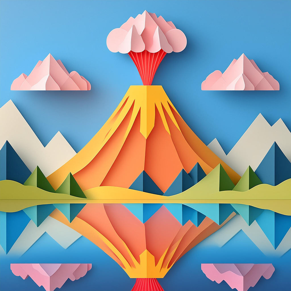 Introducing the Vivid Volcano by FN Prints: This digital art piece captures the essence of a geometric volcano erupting with vibrant pink smoke in a colorful, paper-cut style. The scene is framed by striking geometric mountains and clouds, all set against a serene blue sky background with the reflection gracefully mirrored on the water in the foreground.