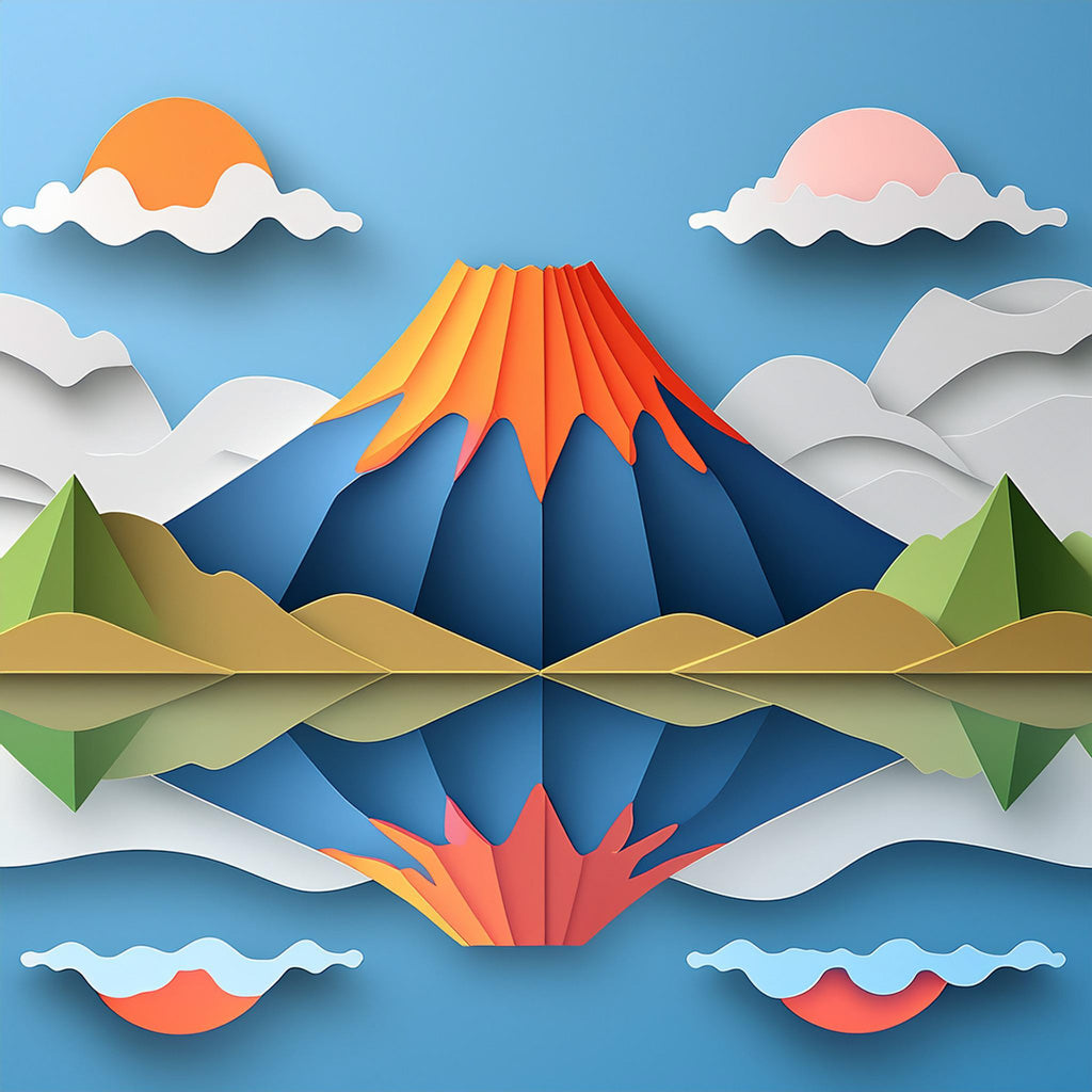 A vibrant paper-crafted landscape from FN Prints, titled "2 Suns Volcano," features a mountain with a red summit and blue slopes, resembling a serene volcano scene reflected in a peaceful lake. Green hills surround the water, while white clouds with orange and pink accents float in a clear blue sky—making it a perfect piece for home decor.