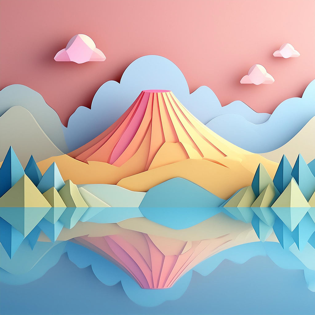 Introducing *Pastel Volcano* by FN Prints: a stylized, pastel-colored illustration of a mountainous landscape featuring a prominent, geometric volcano with layered sides. This serene scene includes calm waters reflecting the mountains and sky, with puffy clouds floating above, capturing artistic elegance in digital art form.