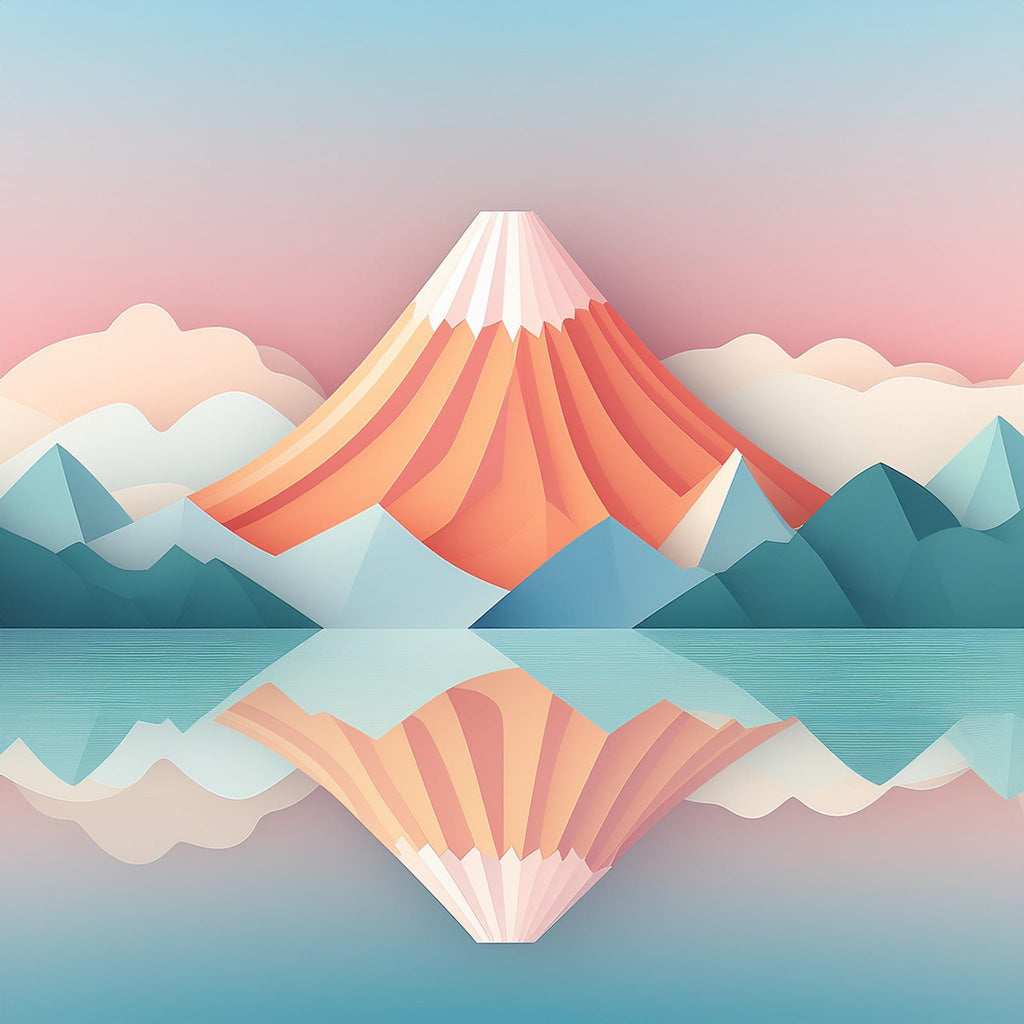 The Perfect Reflection by FN Prints is a sophisticated artwork that showcases a stylized illustration of a snow-capped mountain with orange and white slopes, encircled by blue and green mountains. This serene landscape is mirrored in a tranquil lake beneath a pink and blue sky adorned with pastel-colored clouds.