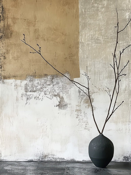 Minimalist wall art featuring a matte black vase with bare branches against a textured beige and white wall