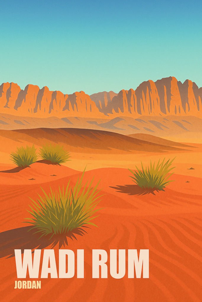 Illustrated desert view of Wadi Rum (وادي رم) in Jordan, showing red dunes, golden rock formations, and desert plants under a clear sky.