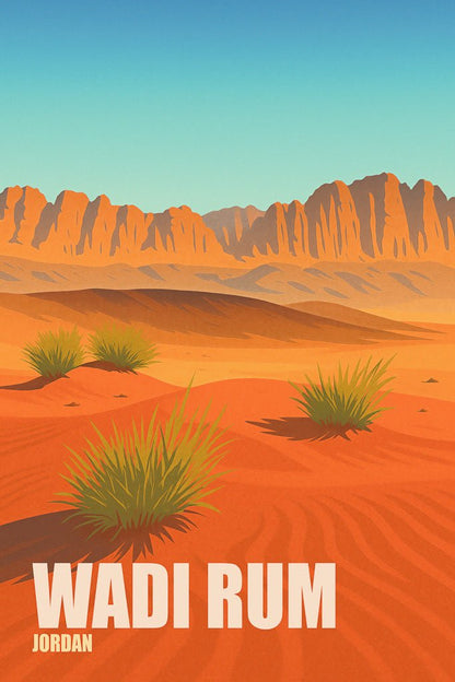 Illustrated desert view of Wadi Rum (وادي رم) in Jordan, showing red dunes, golden rock formations, and desert plants under a clear sky.
