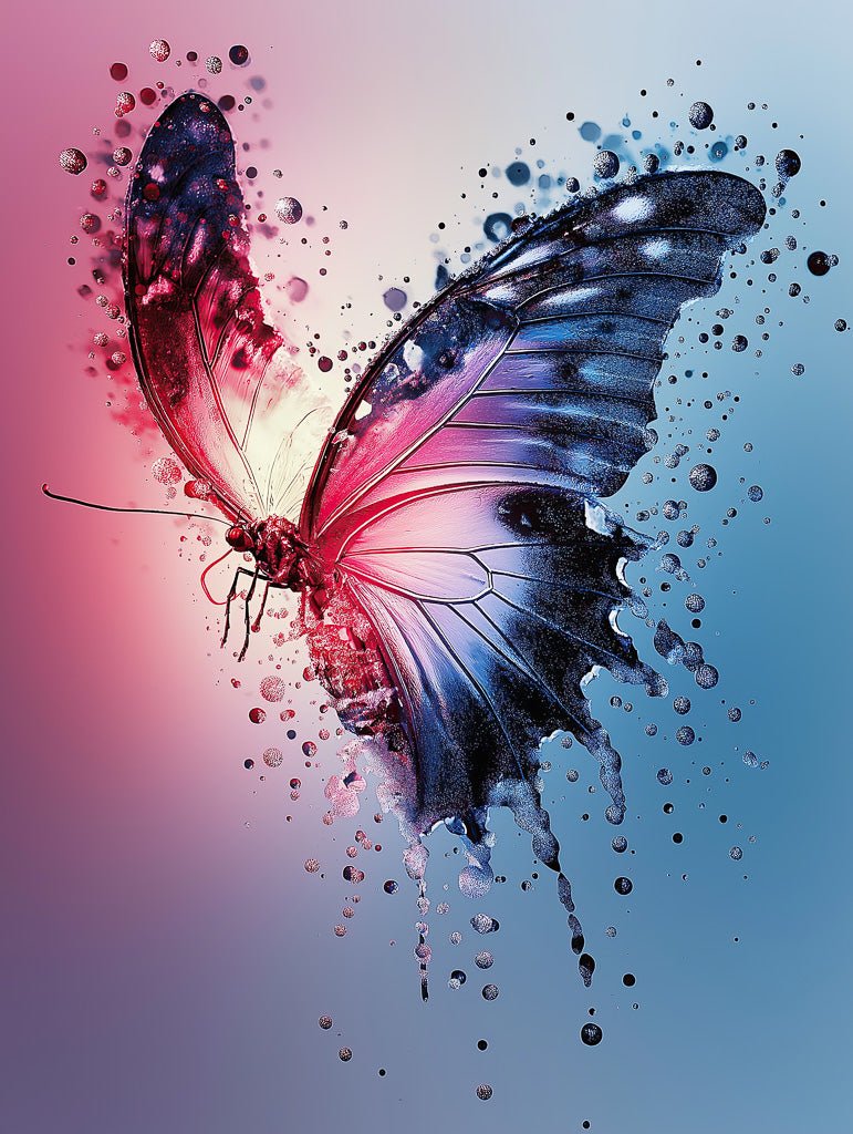 The FN Prints "Water Drops Butterfly" is a digital artwork featuring surreal beauty with ink-splattered effects. Its wings display pink, purple, and blue gradients on a soft background, while water drops add texture and depth to this abstract piece.