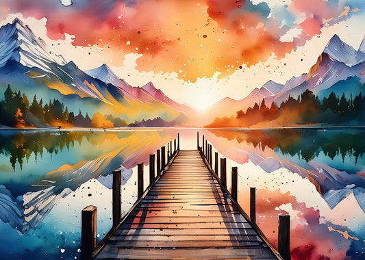 The Watercolour Wilderness print by FN Prints beautifully captures a tranquil scene of a wooden pier extending over a serene lake, reflecting the vibrant sunset hues of orange, pink, and blue. Surrounded by majestic snow-capped mountains and lush pine forests, this exquisite digital artwork evokes the peacefulness of nature in its fullest splendor.