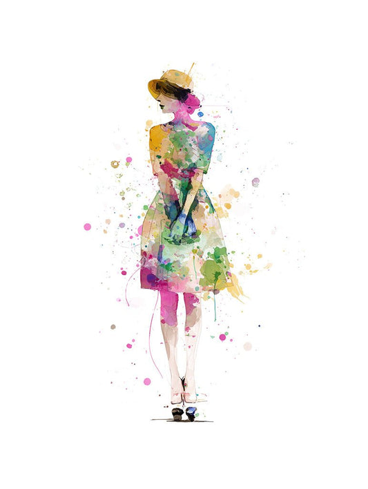 The 'Watercolour Woman' wall art by FN Prints showcases a woman in a vibrant dress and hat with a purse, set against a splattered white background—ideal modern abstract decor.