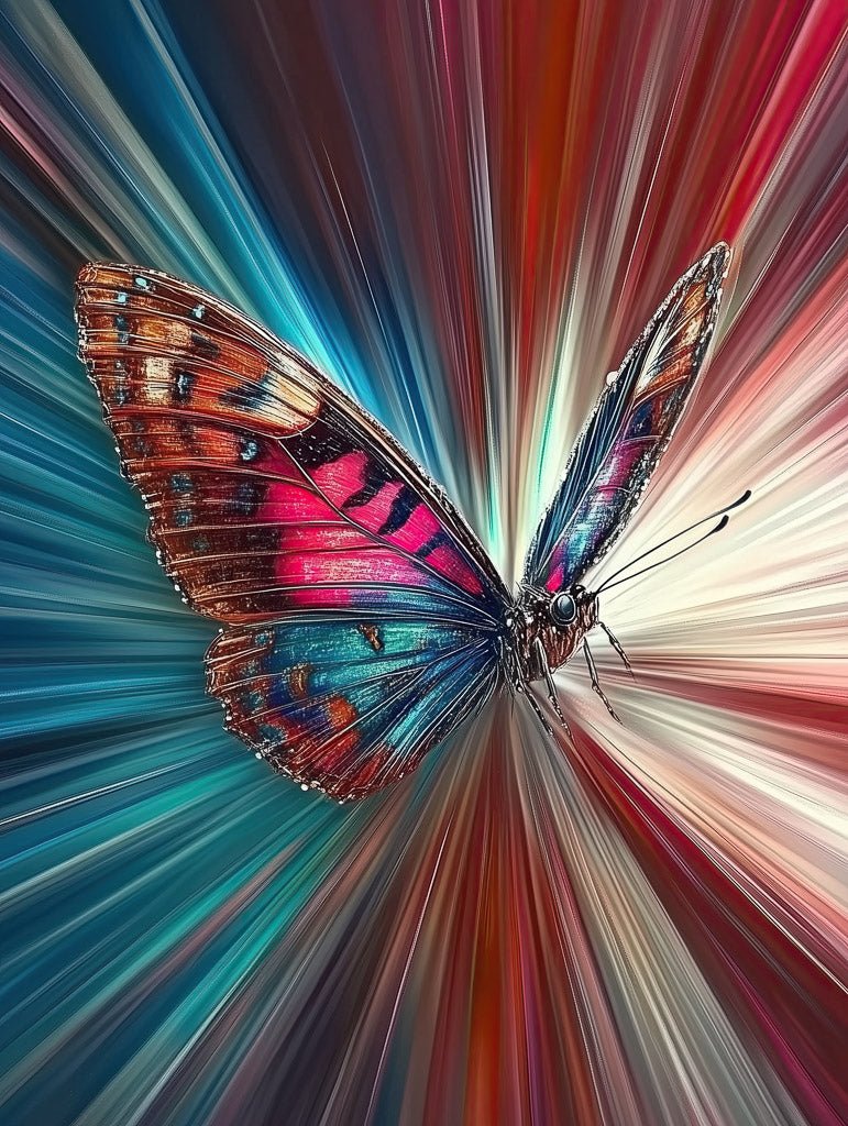 Whirlwind Flight by FN Prints showcases a vibrant butterfly with pink, blue, and orange wings. Set against a multicolored backdrop featuring radiating lines in blue, red, and white, this dynamic digital artwork infuses modern living spaces with energy and motion.