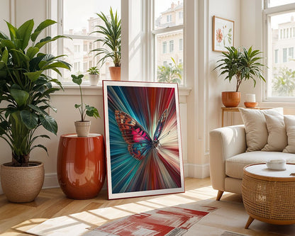 A bright living room features large windows, plants, and a white sofa. FN Prints' "Whirlwind Flight" butterfly digital artwork in a white frame adorns the wall on a wooden floor. A patterned rug enhances texture, creating a modern ambiance.