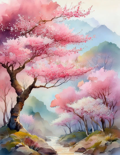 The Whispers Of Spring: Japanese Cherry Blossom painting by FN Prints showcases a serene landscape with vibrant cherry blossom trees in full bloom. The pink and white petals stand out against the lush green foliage and distant blue mountains. Below, a gentle stream winds through rocks, enhancing the peaceful imagery of this tranquil atmosphere.