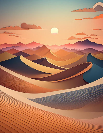 The artwork titled "Whispers of the Desert" by FN Prints is a surreal digital illustration that captures the Arabian desert's rolling sand dunes in hues of orange, beige, and blue beneath a setting sun. In the background, mountains rise against a tranquil evening sky with scattered clouds.