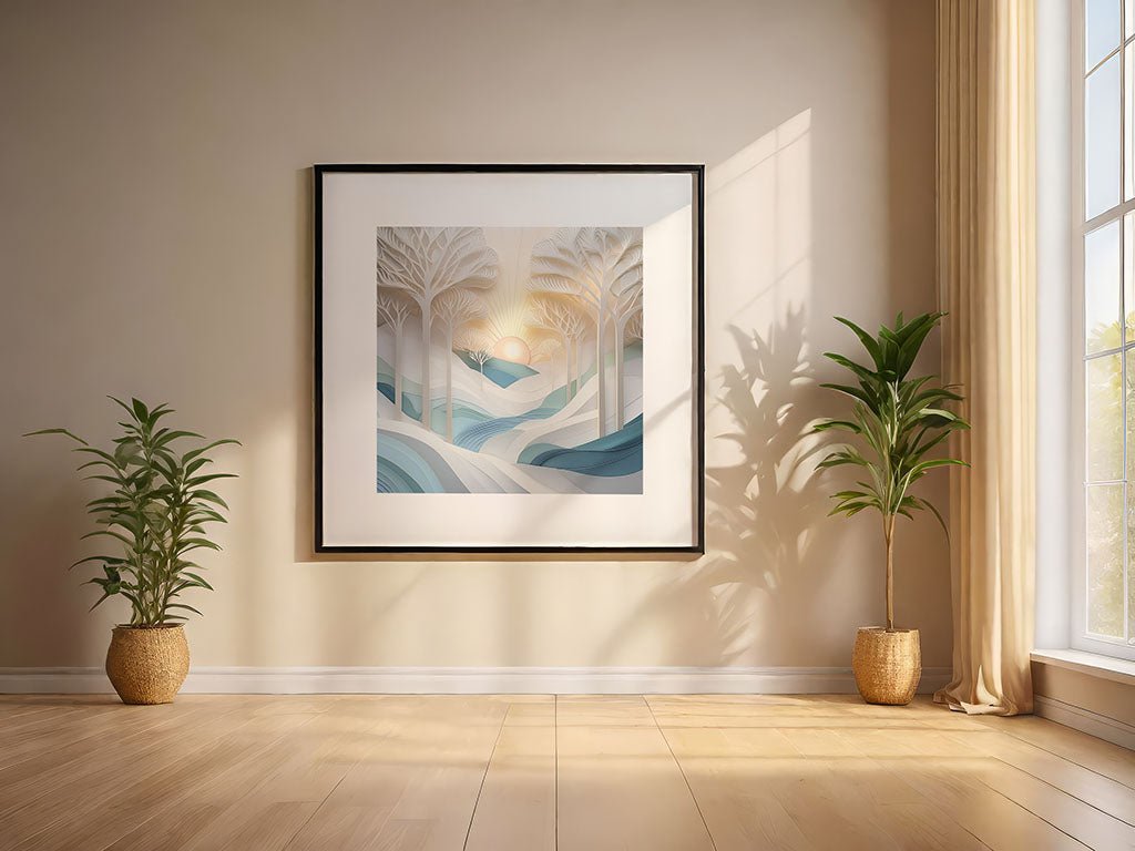 The framed "White Trees" painting by FN Prints, depicting a serene snowy landscape, is displayed on a beige wall between two potted plants in wicker baskets. Sunlight pours through a large window on the right, illuminating the wooden floor and creating a warm atmosphere.