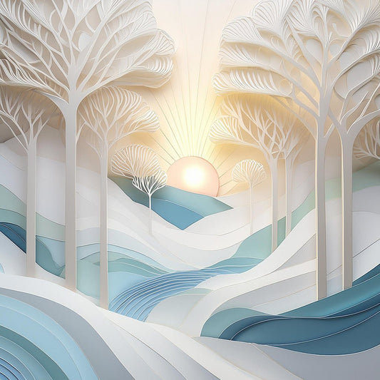 Experience the tranquility of "White Trees" by FN Prints, a serene, stylized digital art landscape featuring a radiant sun rising or setting in the background with long sun rays extending outwards. This beautiful scene includes abstract, layered depictions of trees and undulating hills in soft pastel colors with a folded paper effect. A gentle stream flows through the foreground, adding to the calming ambiance.